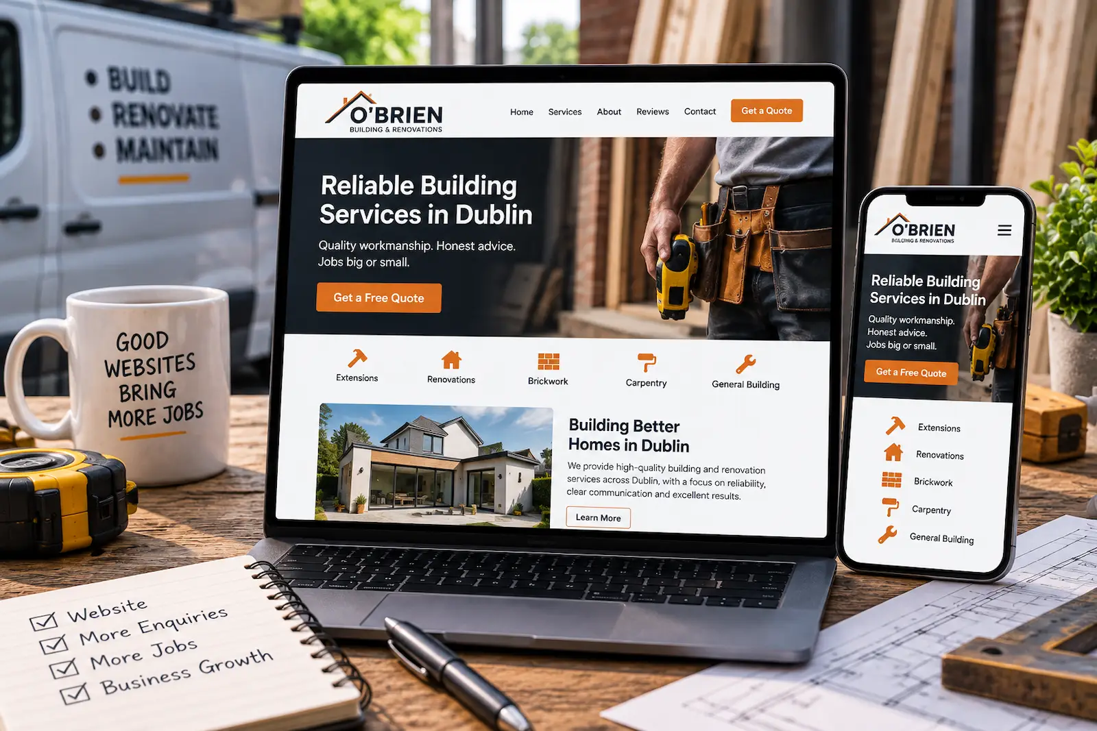 One-page trades website displayed on laptop and mobile, showcasing building services, project images and clear contact options.
