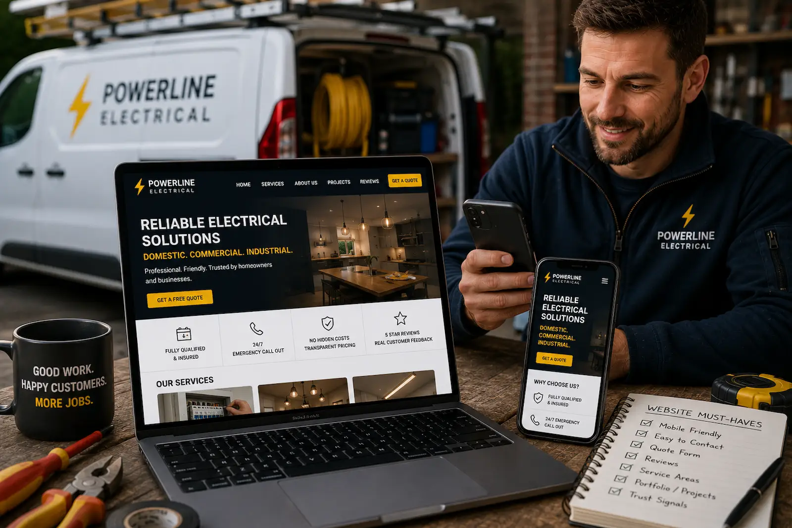Tradesperson reviewing a professional website on laptop and mobile beside tools and a branded service van.