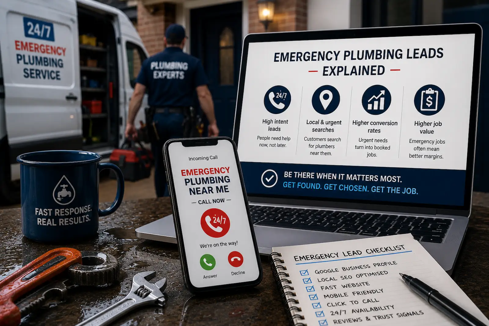 Emergency plumber responding to a callout while a laptop displays emergency plumbing lead generation advice and a smartphone shows an incoming emergency plumbing call.