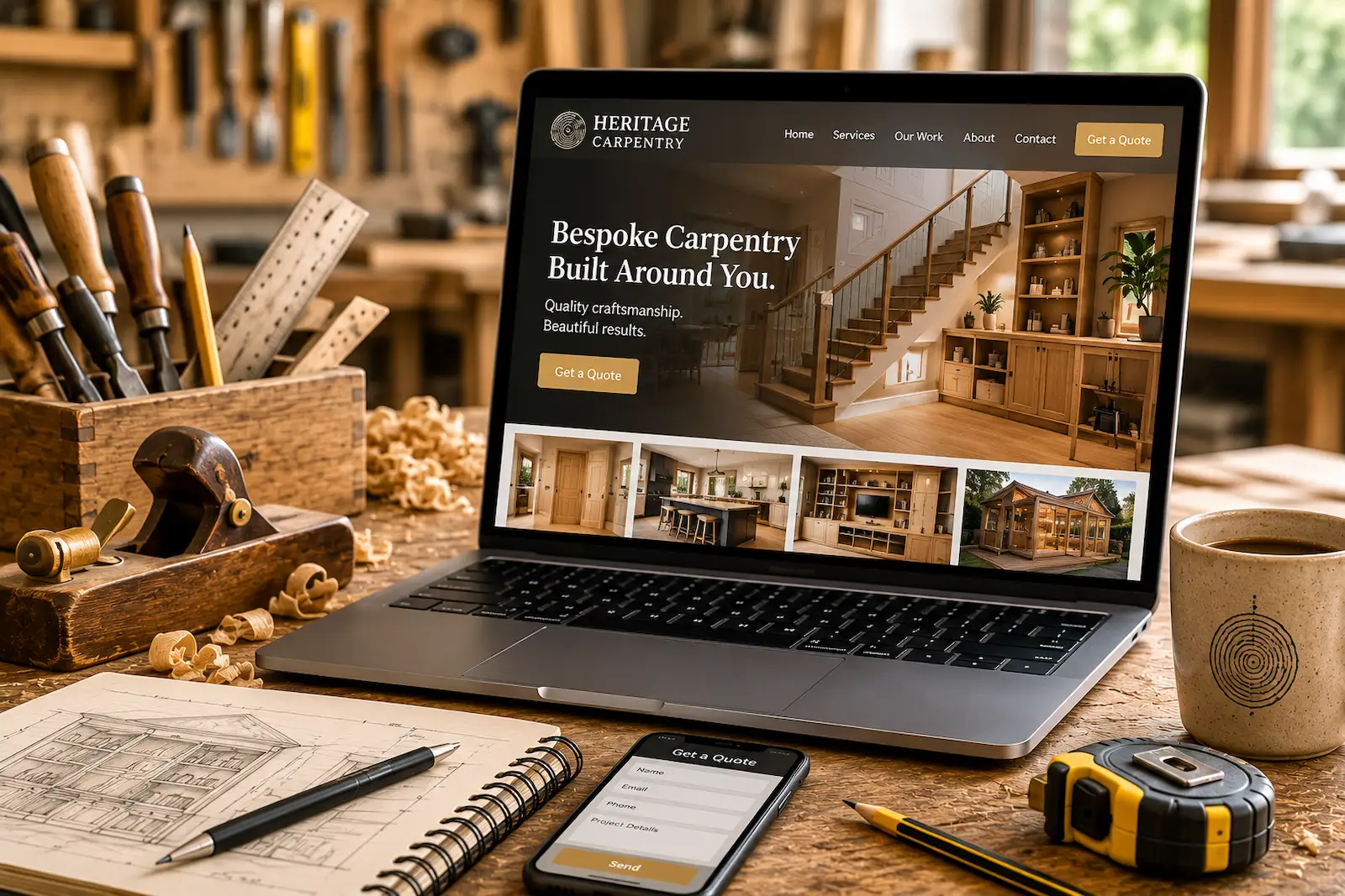 Custom carpentry website displayed on a laptop surrounded by woodworking tools and cabinetry plans in a workshop.