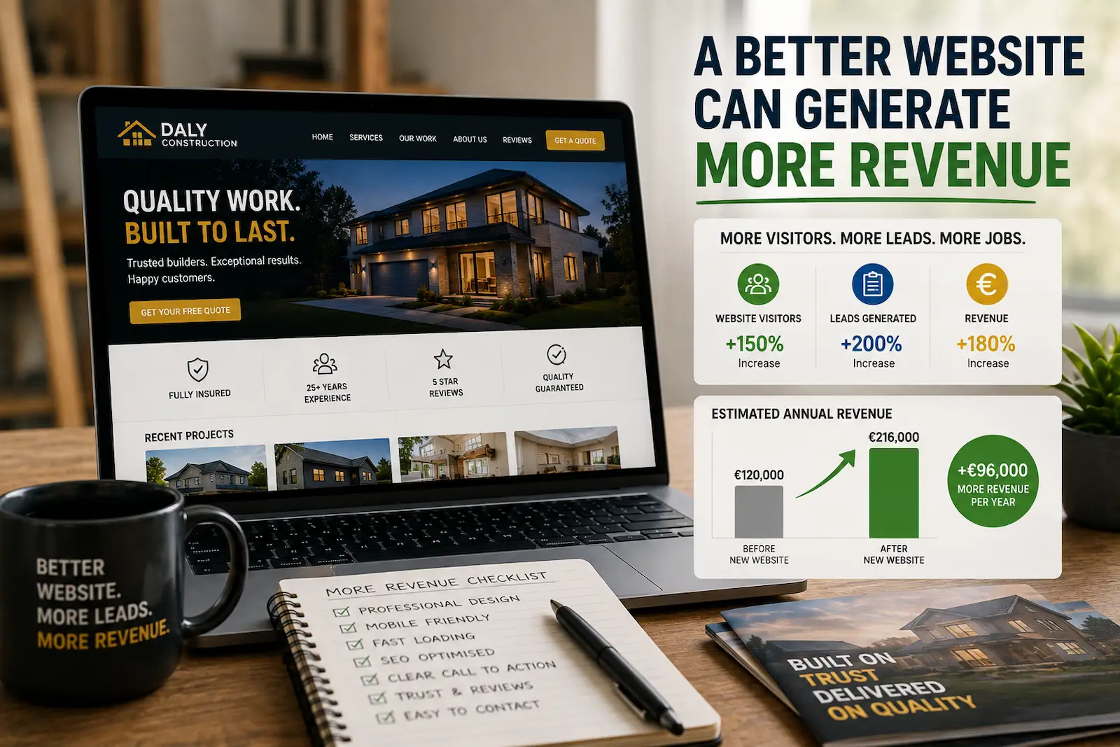Professional trade business website displayed on a laptop, representing increased revenue through better web design.