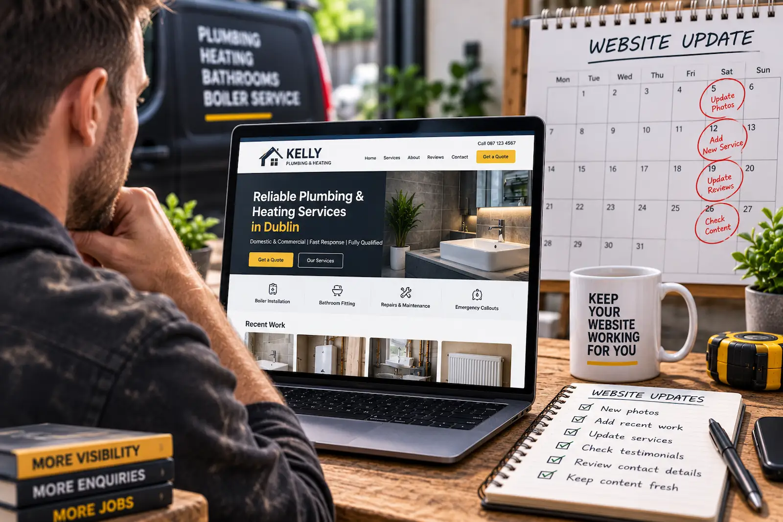 Tradesperson reviewing a professional website on a laptop with a calendar and checklist for regular website updates.