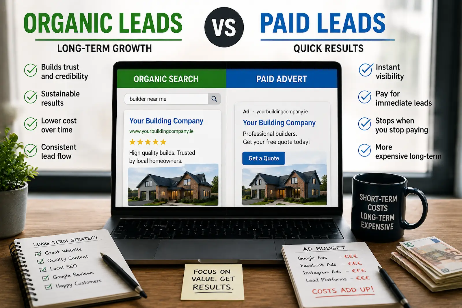 Comparison of organic search leads and paid advertising leads displayed on a business website dashboard.