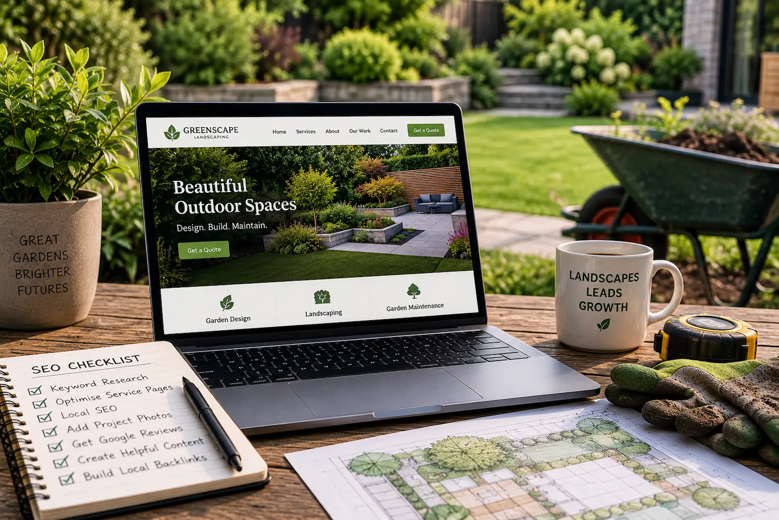 Landscaping business website displayed on a laptop with SEO notes, garden plans and landscaping tools.