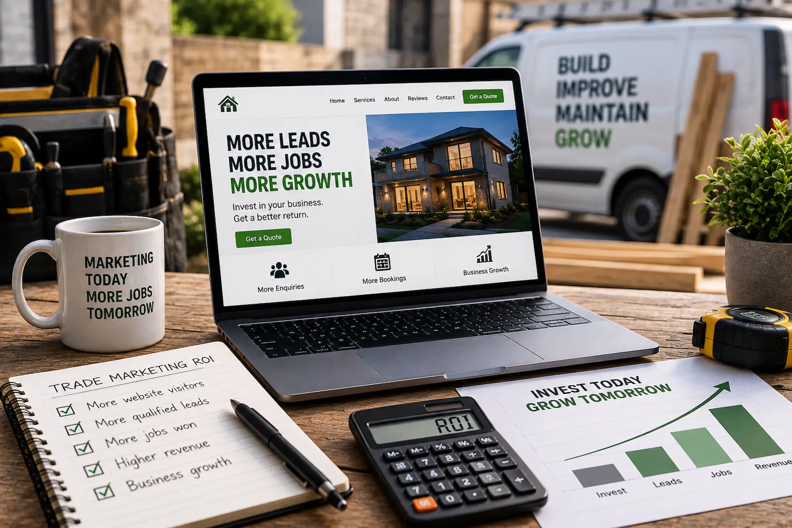 Trade marketing ROI shown on a laptop with business growth charts, tools and a work van in the background.
