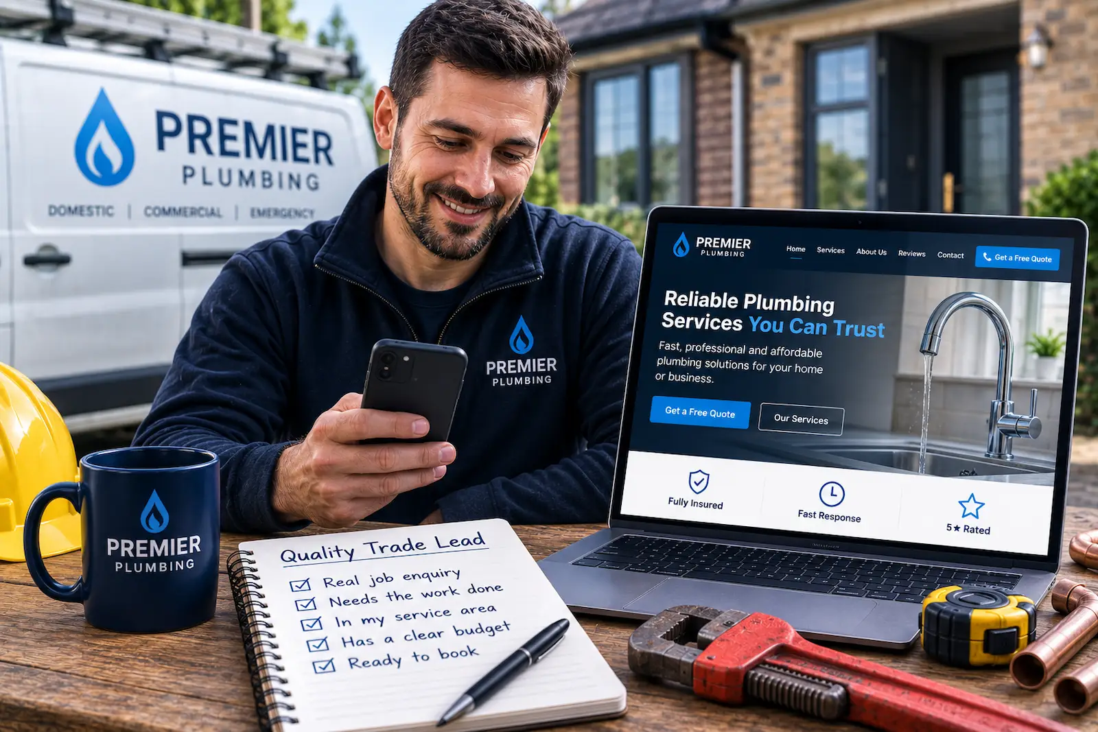 Plumber reviewing a qualified customer enquiry beside a professional website and service van, representing high-quality trade leads.