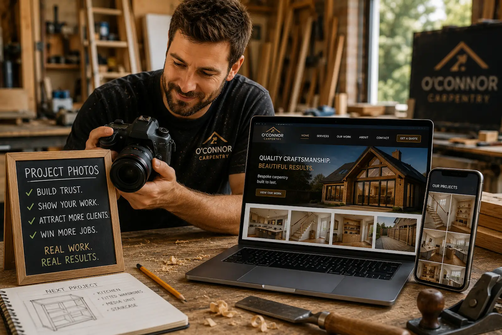 Carpenter showcasing completed woodworking projects on a professional website using high-quality project photos.