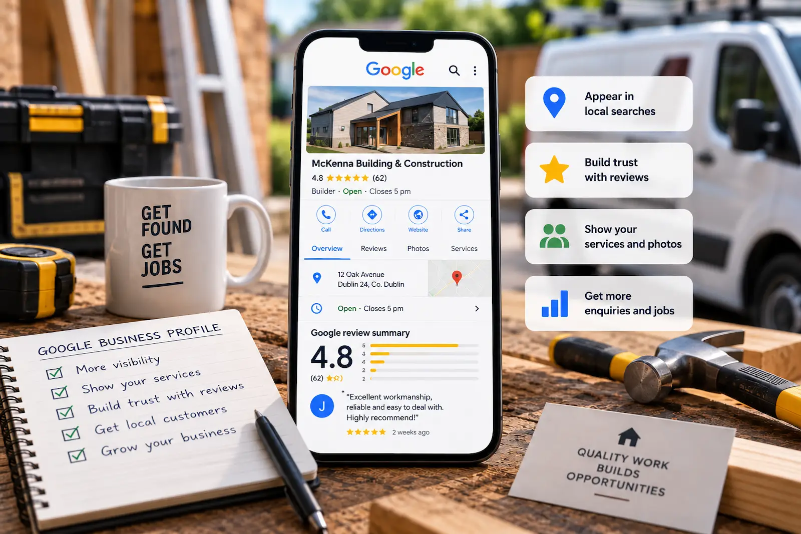 Google Business Profile for a trades business displayed on a phone, highlighting local visibility, reviews and customer enquiries.