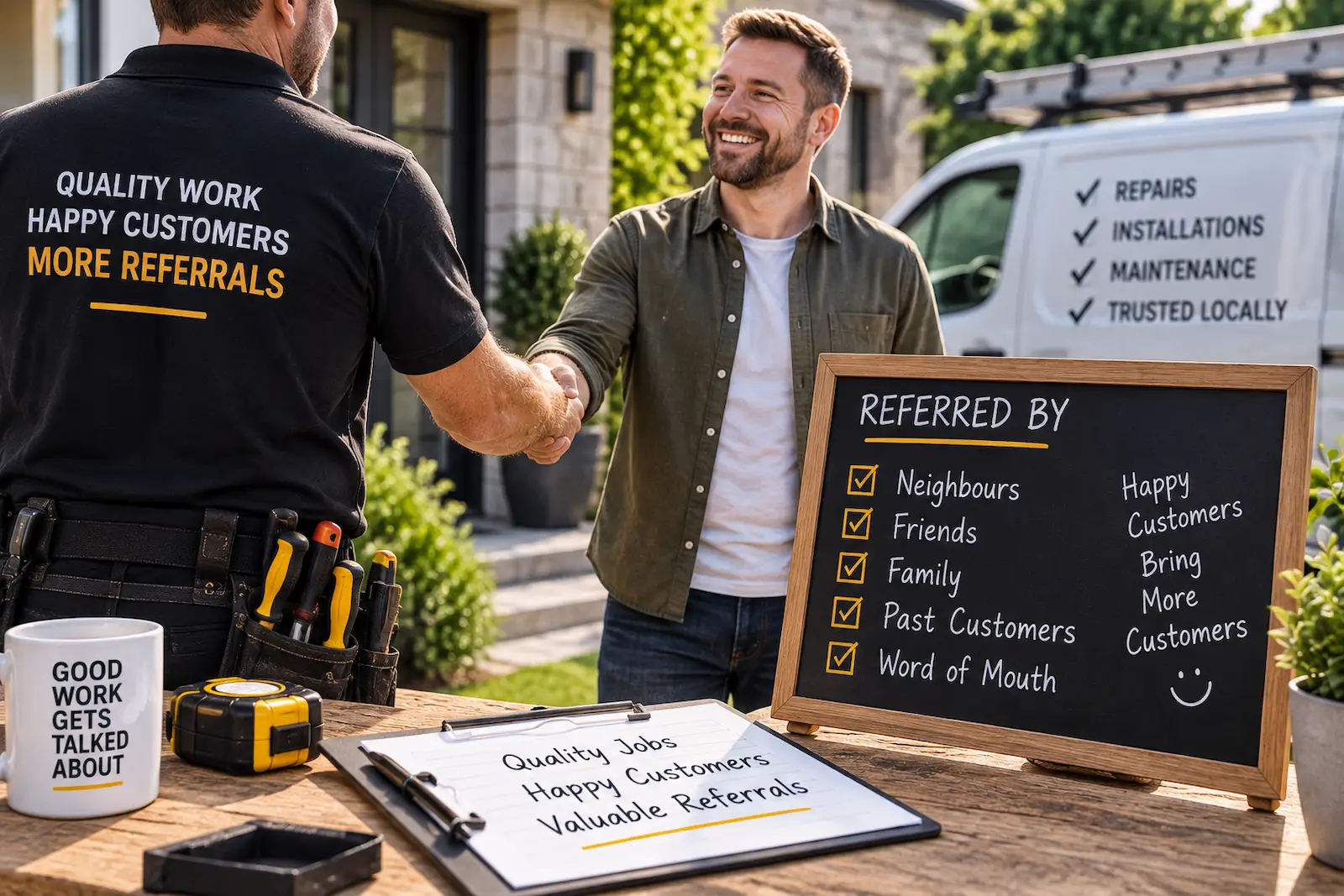 Tradesperson shaking hands with a customer after a successful job, representing valuable word-of-mouth and referral leads.