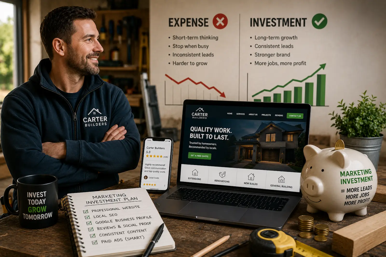 Tradesperson planning long-term marketing investment with professional website, reviews and business growth strategy.
