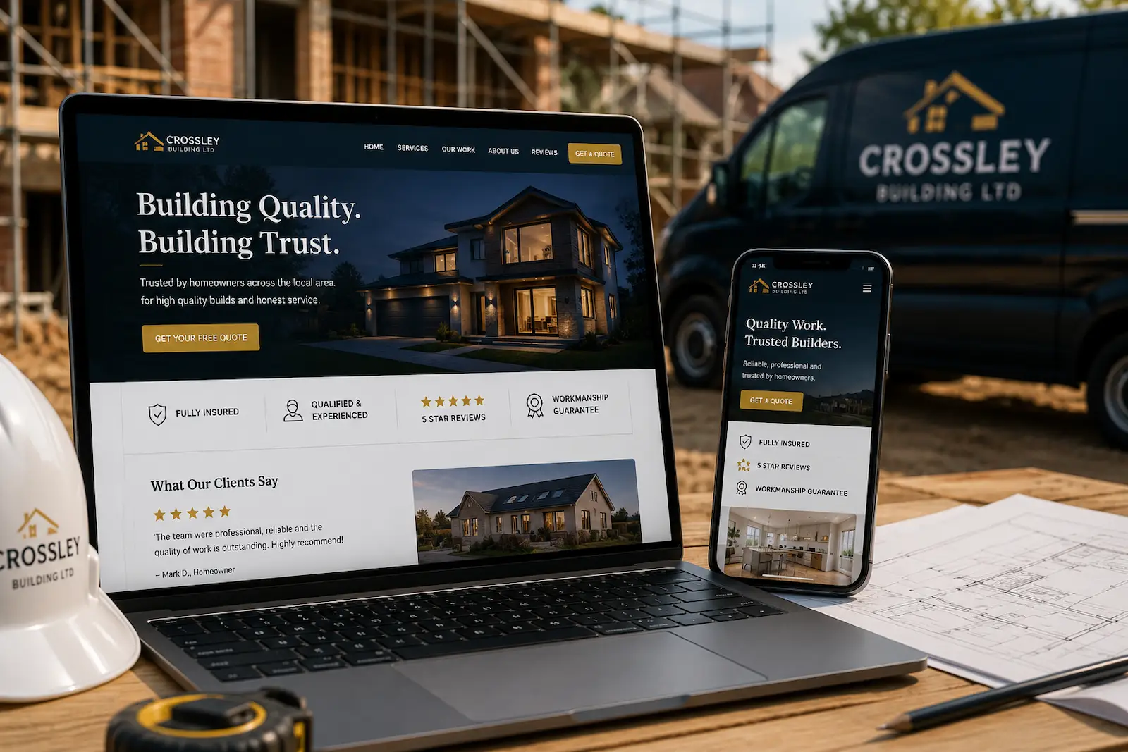 Builder reviewing a professional website beside a construction project and branded work van.