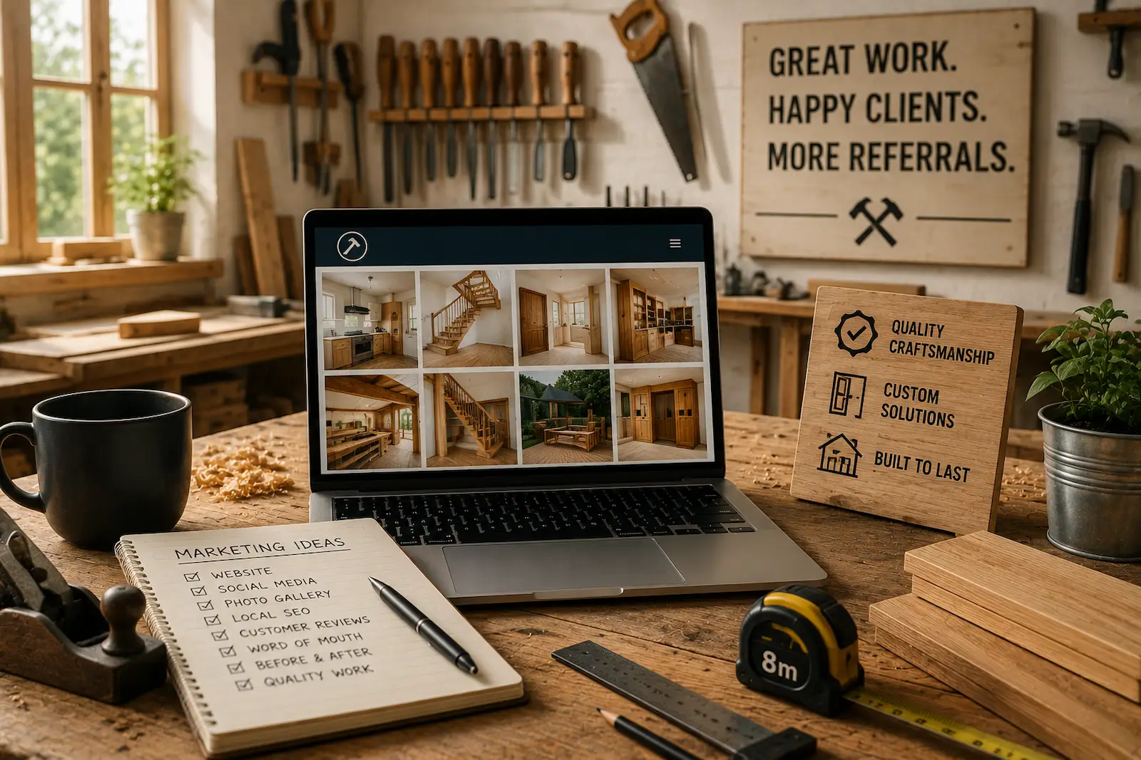Laptop displaying a carpenter's project gallery on a workbench surrounded by woodworking tools in a professional carpentry workshop.