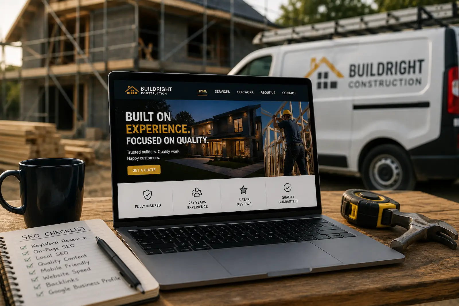 Professional trades website displayed on a laptop beside a construction site, highlighting SEO and local online visibility.