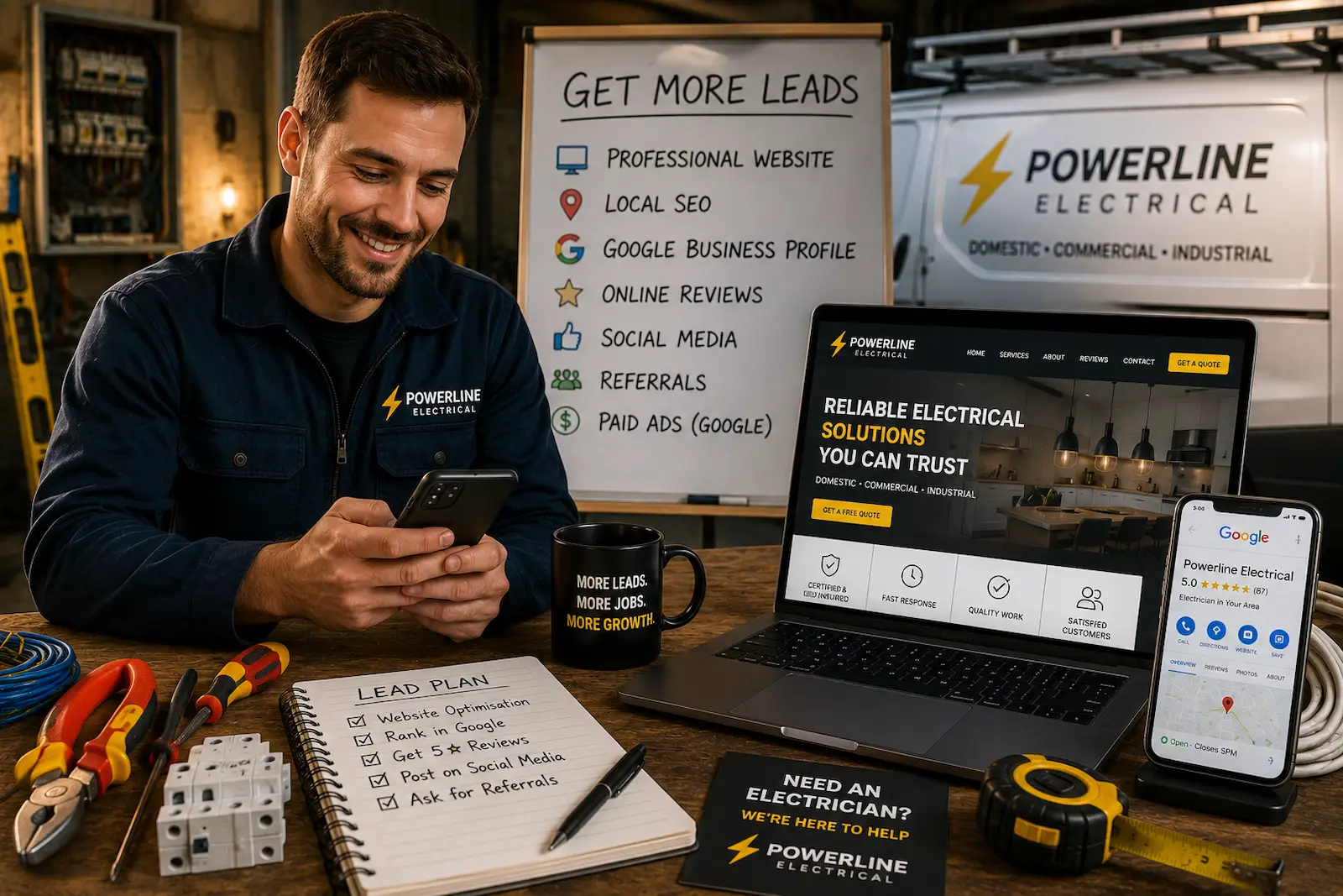 Electrician using a professional website and online marketing to generate more customer leads for an electrical business.