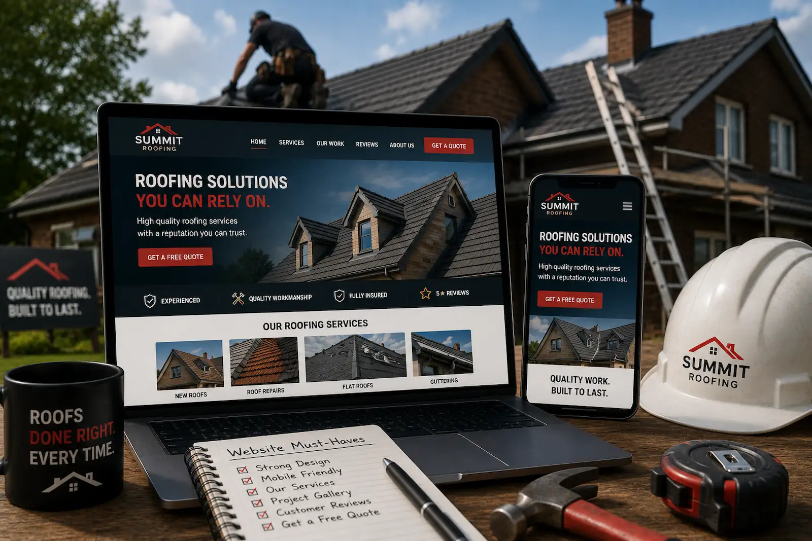 Professional roofing website displayed on laptop and mobile with roofer working on a house in the background.