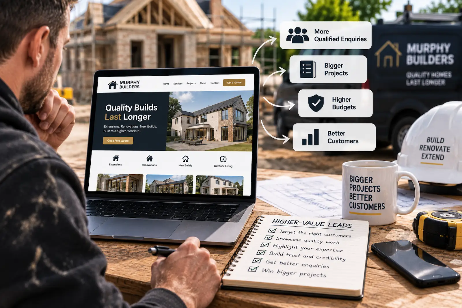 Builder reviewing a professional website designed to attract higher-value leads and larger construction projects.