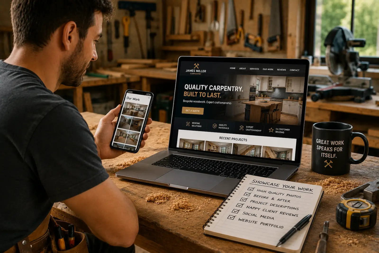 Carpenter showcasing completed woodworking projects on a professional website and mobile portfolio in a workshop.