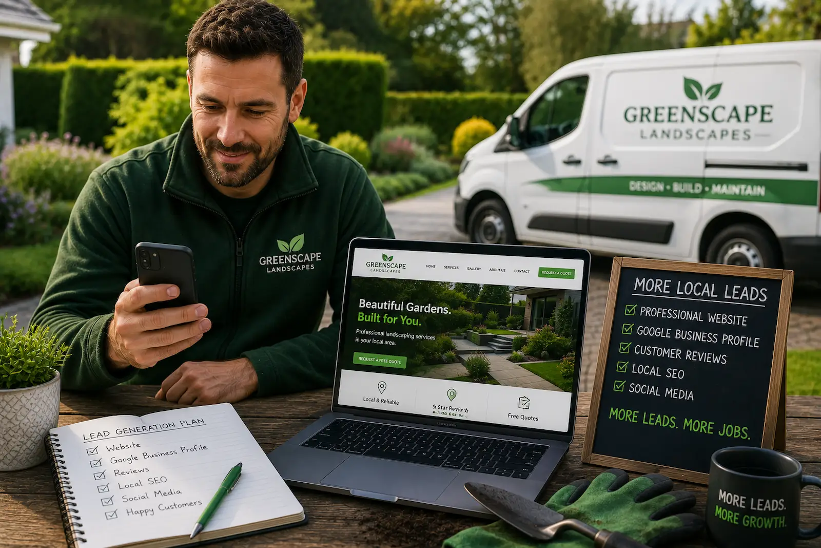 Landscaper using a professional website and mobile phone to generate more local leads beside a landscaped garden.