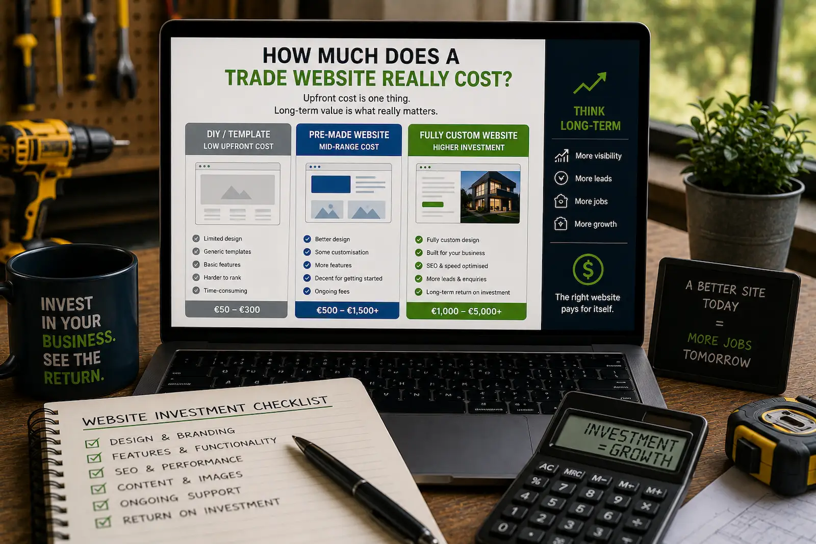 Laptop displaying a professional trade business website beside building plans and a coffee cup.
