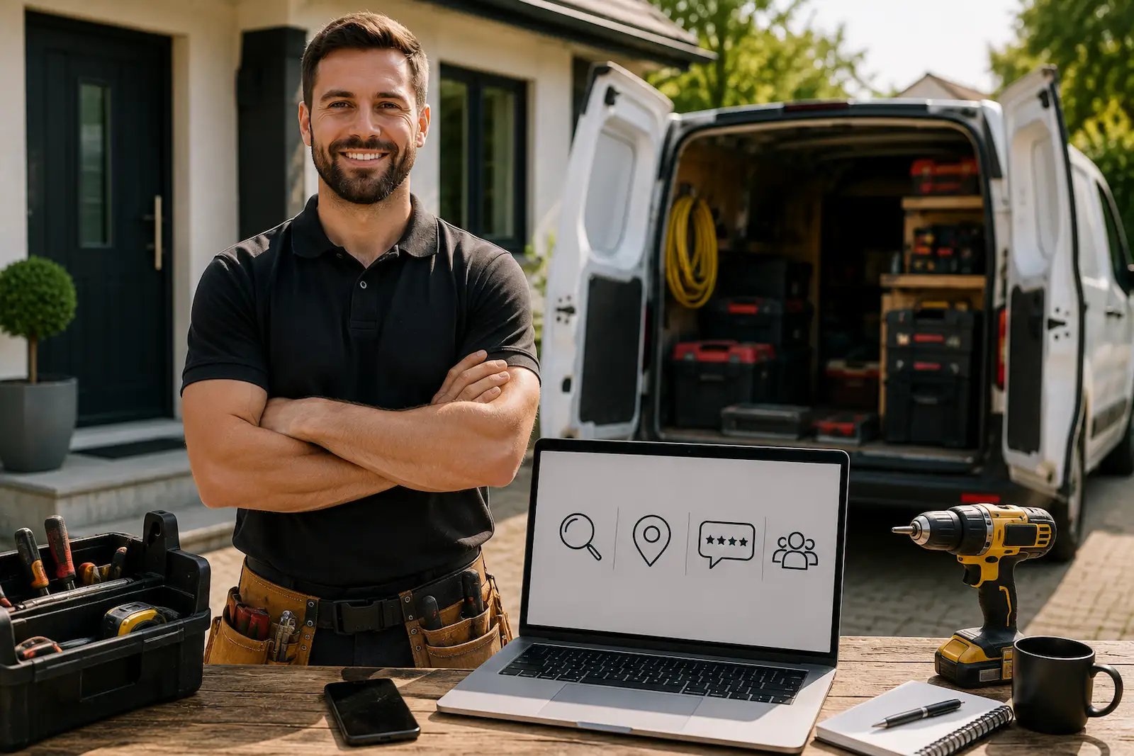 Tradesperson standing beside a service van with a laptop and tools, representing organic lead generation without paid advertising.
