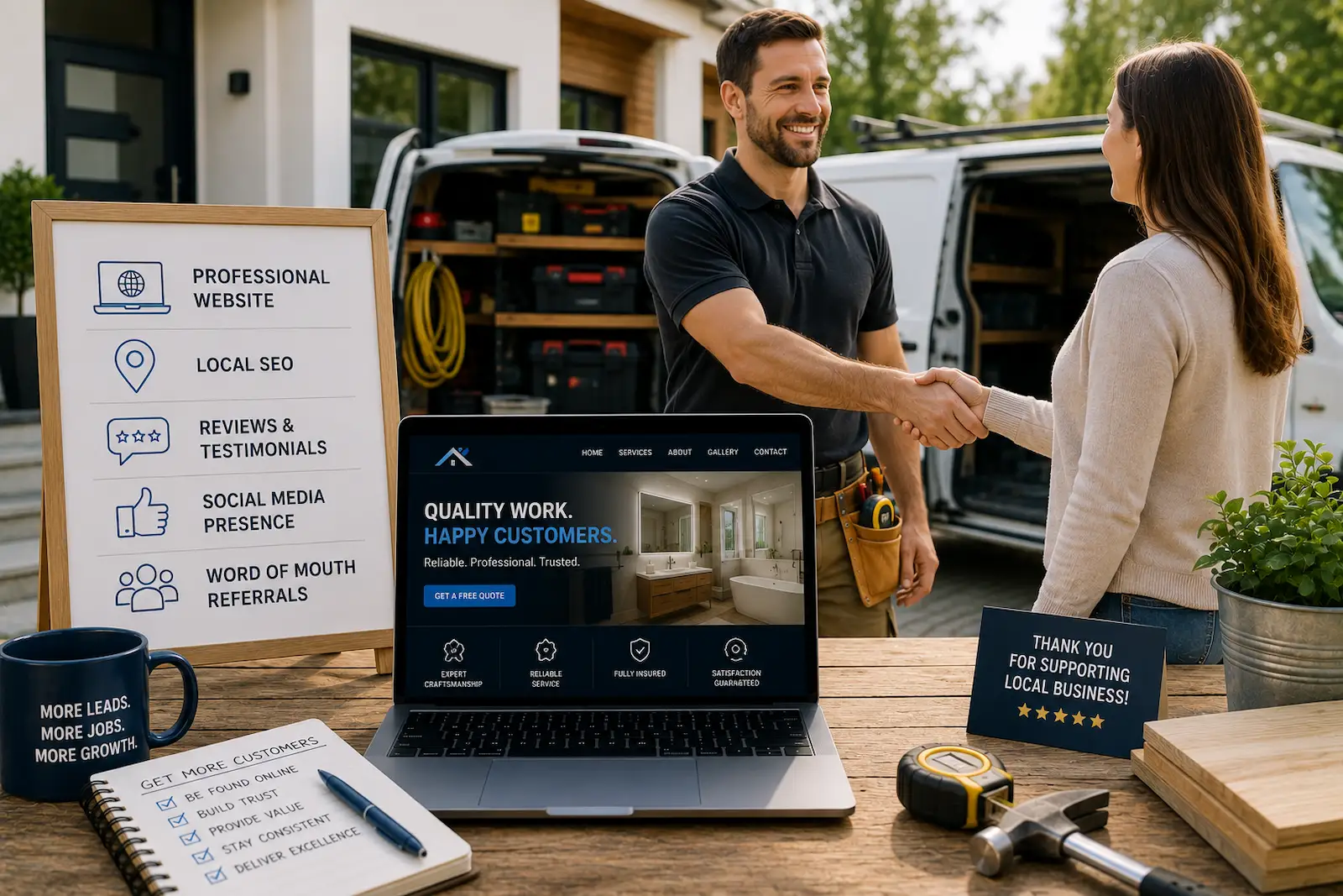 Tradesperson shaking hands with a happy customer outside a home with a branded service van parked nearby.