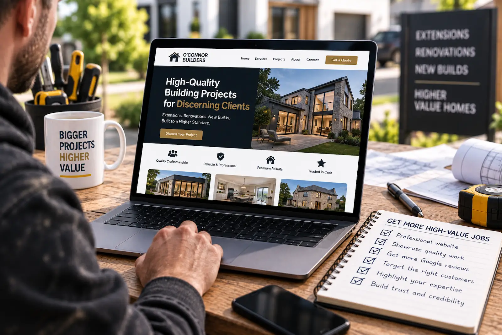 Tradesperson reviewing a professional website designed to attract higher-value customers and larger, more profitable jobs.