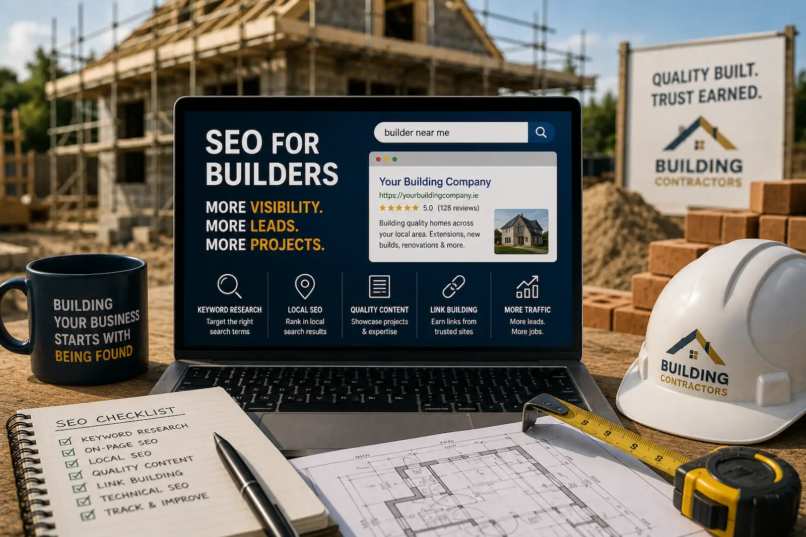 SEO for builders concept showing a construction company website with building site and contractor branding.