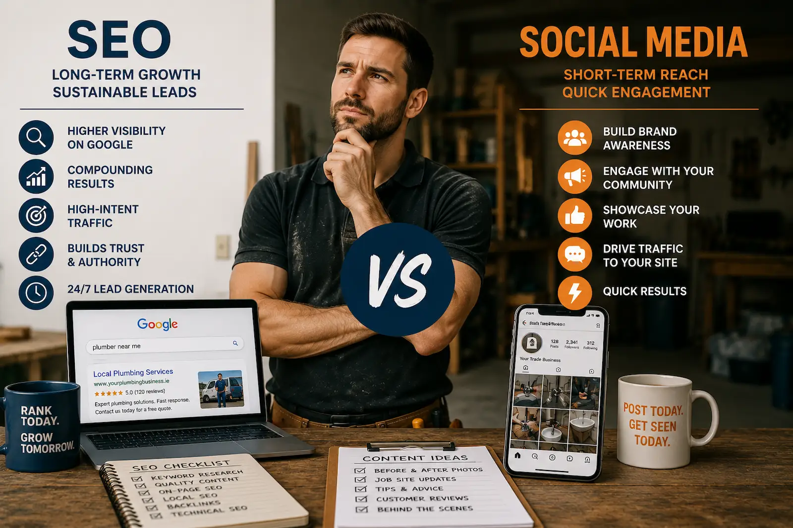 Tradesperson comparing SEO and social media marketing using a laptop and smartphone in a professional workshop.