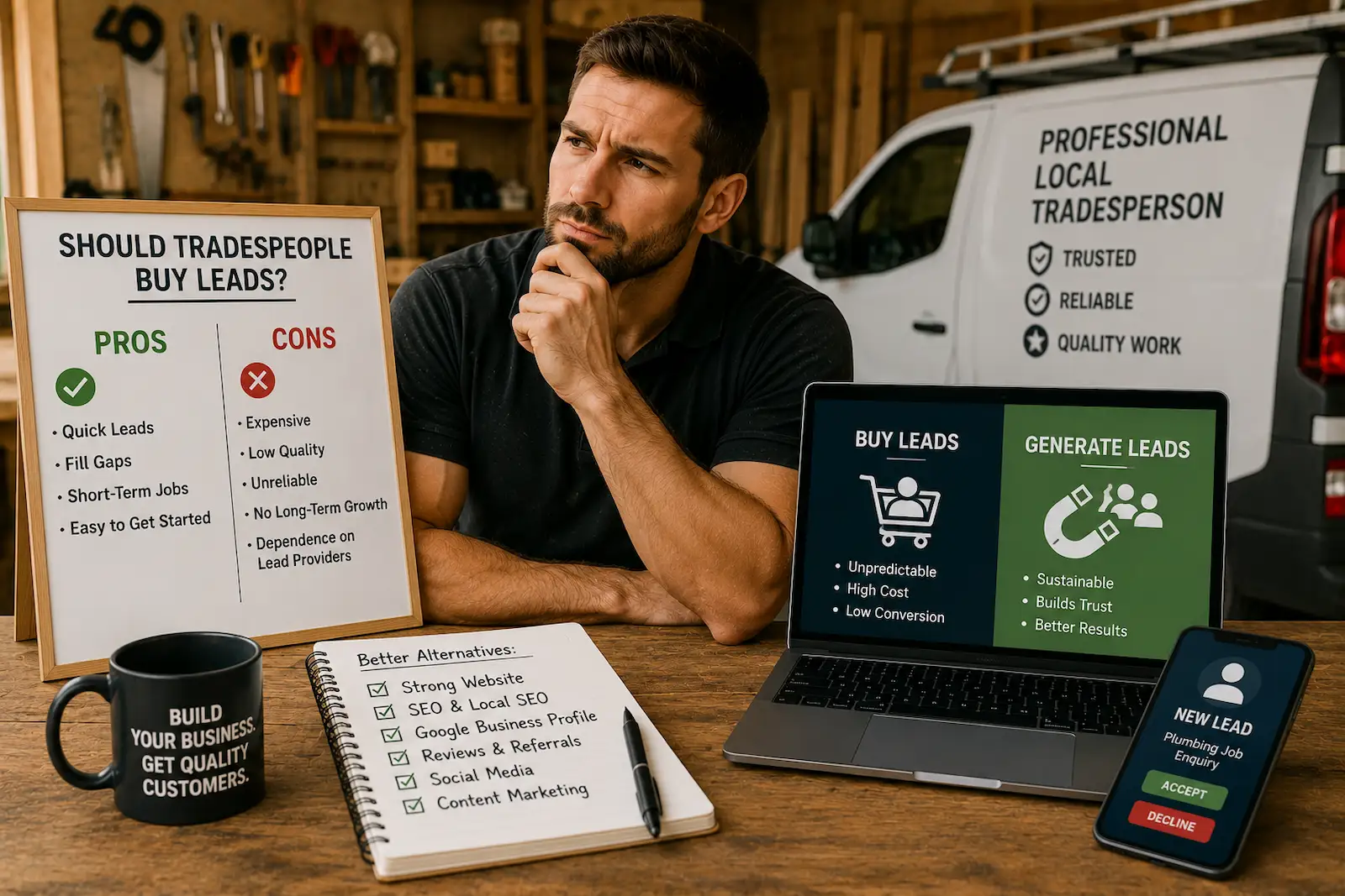 Tradesperson comparing bought leads with long-term marketing strategies using a laptop beside a branded service van.