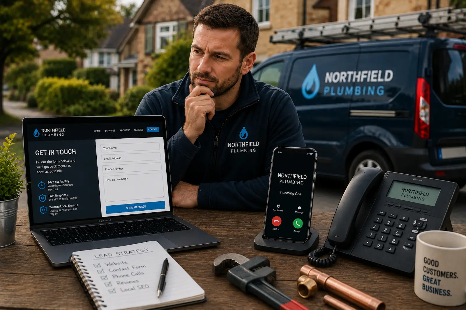 Tradesperson comparing a website contact form and phone calls for customer enquiries beside a service van.