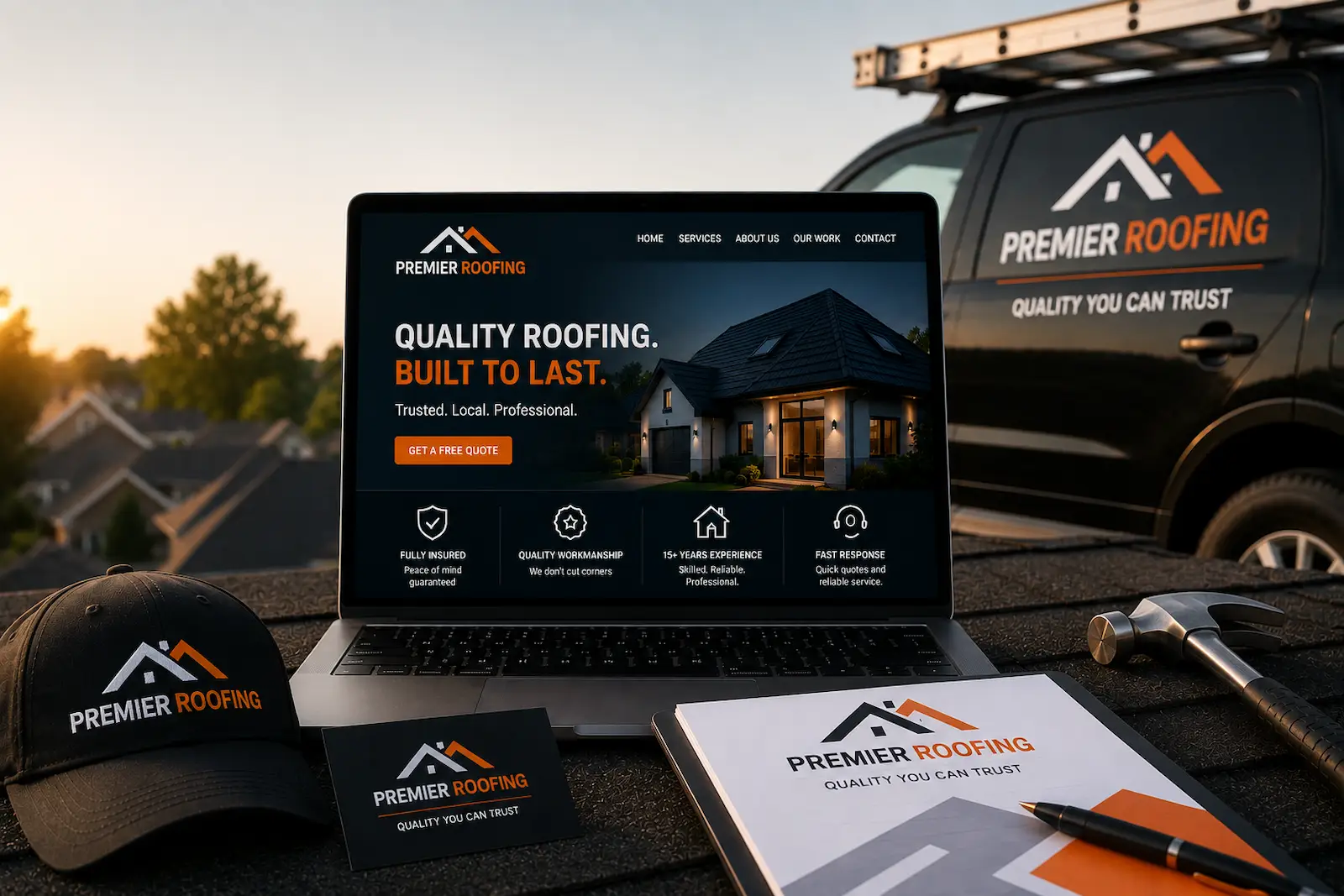 Roofing company website displayed on a laptop beside branded business materials and service van.
