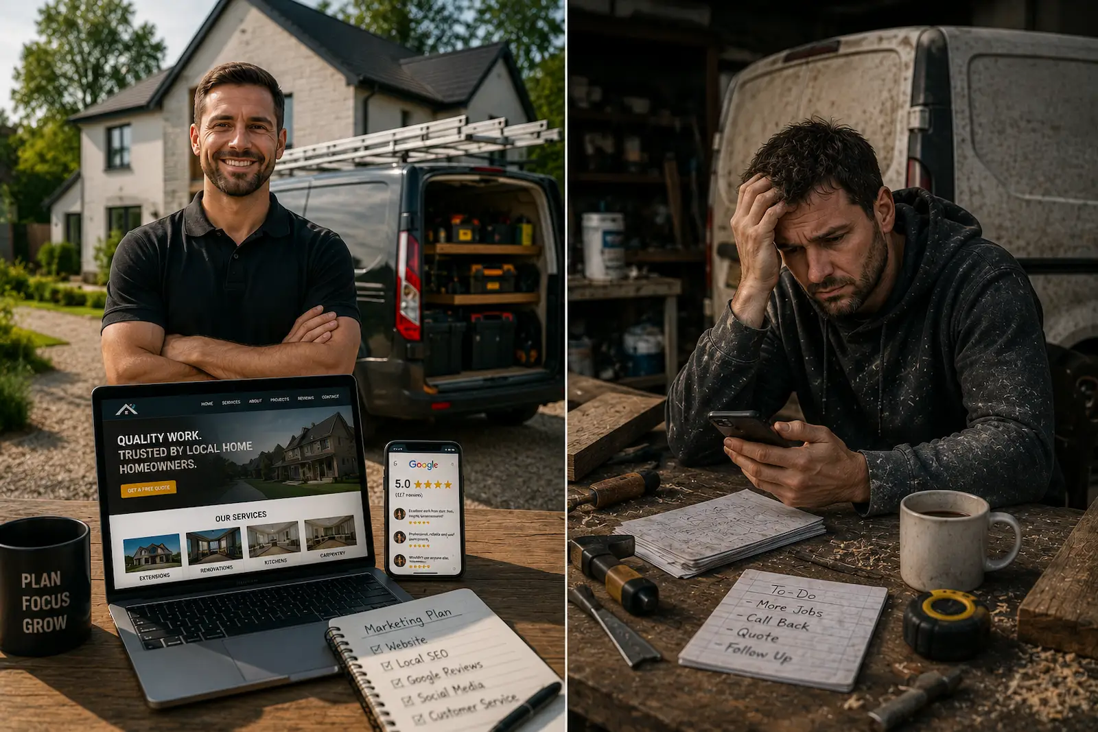 Comparison of two trades businesses showing how strong marketing, branding, and customer trust drive business growth.